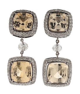 A.G.T.A Certified Natural Yellow Sapphire Earrings Set in Platinum with Diamonds 