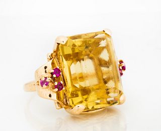 Massive Retro Citrine and Ruby Cocktail Ring in 14K Gold