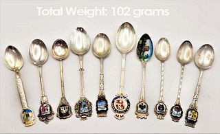 Lot Of Ten Antique (900-925) Silver (102 g) Spoon With Enameling, Stamped