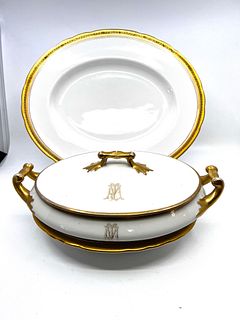 Three Pieces of White and gold porcelain serving dishes
