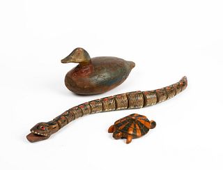 A Miniature Painted Decoy and Two Painted Wooden Animal