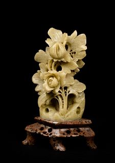 An Antique Chinese Jade Flower Sculpture on Hardstone Stand