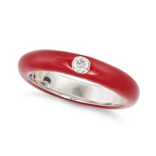 A RED ENAMEL AND DIAMOND BAND RING in 18ct white gold, the band decorated all the way around with...