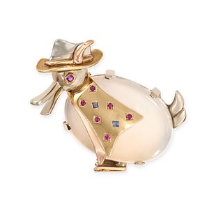A VINTAGE RUBY, SAPPHIRE AND CHALCEDONY NOVELTY DUCK BROOCH in 14ct yellow gold, designed as a du...