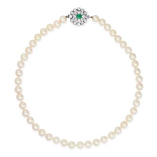 AN EMERALD, DIAMOND AND PEARL NECKLACE comprising a single row of cultured pearls, the clasp set ...