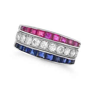 AN ANTIQUE ART DECO RUBY, SAPPHIRE AND DIAMOND REVERSIBLE DAY AND NIGHT RING in platinum, the cen...