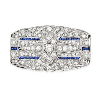 A DIAMOND AND SAPPHIRE PLAQUE BROOCH in platinum, the openwork brooch set throughout with single,...
