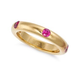 A RUBY BAND RING in 18ct yellow gold, set with five round cut rubies, stamped 750, size N / 6.75,...