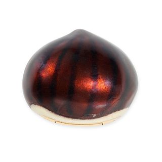 BULGARI, A VINTAGE ENAMEL CHESTNUT PILL BOX in 18ct yellow gold, the box designed as a chestnut r...