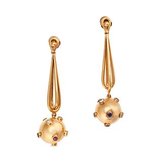 A PAIR OF DIAMOND, RUBY AND SAPPHIRE SPUTNIK DROP EARRINGS in 14ct yellow gold, each comprising a...