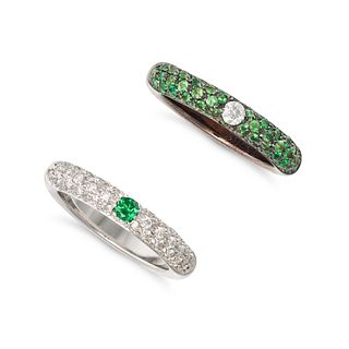 A PAIR OF DIAMOND AND TSAVORITE GARNET BAND RINGS in 18ct white gold, one band pave set with roun...