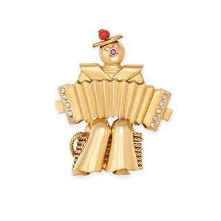 VAN CLEEF & ARPELS, A VINTAGE DIAMOND, CORAL AND RUBY CLOWN CLIP BROOCH, 1940s in 18ct yellow gol...