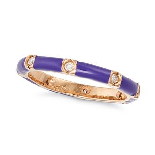 A PURPLE ENAMEL AND DIAMOND BAND RING in 18ct rose gold, decorated all around with sections of pu...