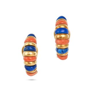 A PAIR OF LAPIS LAZULI AND CORAL HOOP EARRINGS in 18ct yellow gold, each designed as a half hoop ...