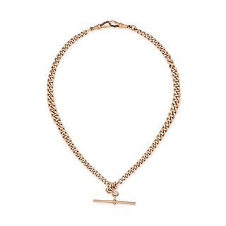 AN ANTIQUE ALBERT CHAIN NECKLACE in 9ct rose gold, comprising a row of curb links with a double d...