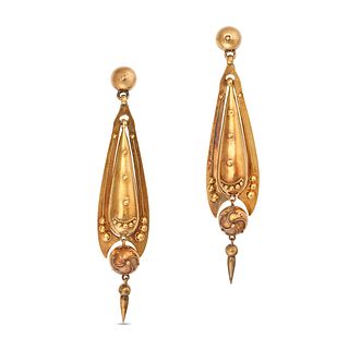 A PAIR OF ANTIQUE VICTORIAN GOLD DROP EARRINGS in yellow gold, each comprising a domed top suspen...