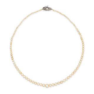 A PEARL AND DIAMOND NECKLACE comprising a single row of graduating pearls, the clasp set with thr...