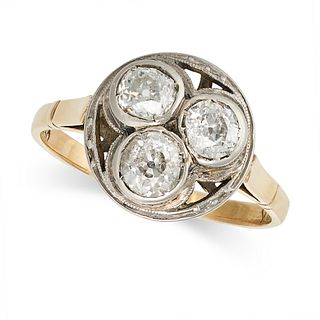 A VINTAGE DIAMOND DRESS RING in 18ct yellow and white gold, set with three old cut diamonds in tr...