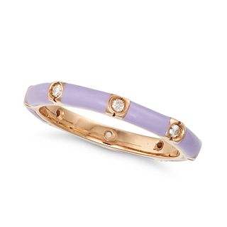 A LILAC ENAMEL AND DIAMOND BAND RING in 18ct rose gold, set all around with sections of light pur...