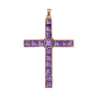 AN ANTIQUE AMETHYST CROSS PENDANT in yellow gold, set throughout with square step cut amethysts, ...