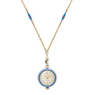 BUCHERER, AN ANTIQUE ENAMEL POCKET WATCH, CHAIN AND BROOCH in gold plated silver, the circular di...