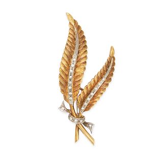 A DIAMOND LEAF BROOCH in 18ct yellow gold, designed as two fern leaves accented by single cut dia...