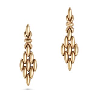 A PAIR OF GOLD DROP EARRINGS in 9ct yellow gold, comprising articulated navette shaped links, sta...