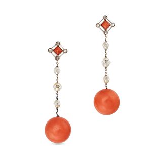 A PAIR OF DIAMOND, PEARL AND CORAL DROP EARRINGS each comprising a cabochon coral in a frame of r...