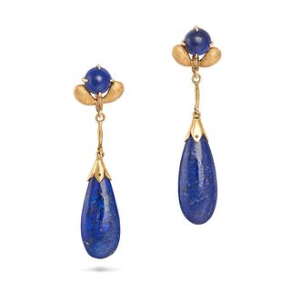 A PAIR OF LAPIS LAZULI DROP EARRINGS in yellow gold, each set with a round cabochon lapis lazuli ...