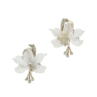 A PAIR OF CARVED ROCK CRYSTAL AND DIAMOND FLOWER EARRINGS in 14ct white gold, each designed as a ...