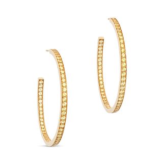 A PAIR OF YELLOW SAPPHIRE HOOP EARRINGS in 18ct yellow gold, each designed as a hoop set with a r...
