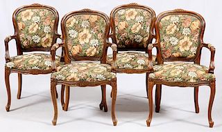 CARVED WALNUT UPHOLSTERED ARMCHAIRS 4 PIECES