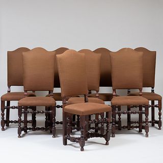 Set of Eight Italian Baroque Style Walnut Upholstered Dining Chairs