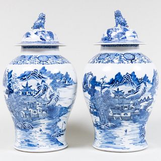Pair of Chinese Blue and White Porcelain Jars and Covers