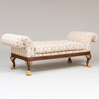 George II Style Stained Wood and Parcel-Gilt Chenille Upholstered Chaise Longue