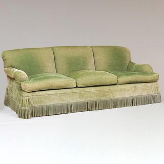 Green Chenille Upholstered Three Seat Sofa with Fringe, designed by Michael Krieger
