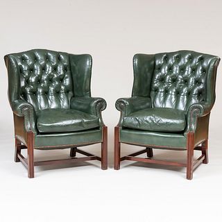 Pair of George III Style Mahogany and Tufted Leather Wing Chairs