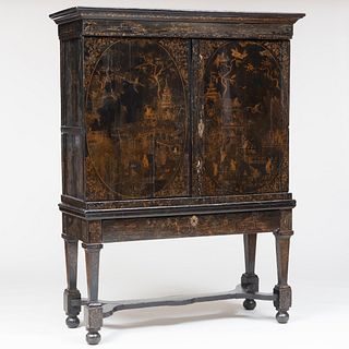 William and Mary Style Japanned and Parcel-Gilt Cabinet on Stand