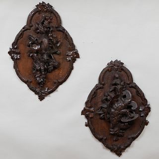 Pair of Victorian Carved Oak Animal Trophy Cartouches
