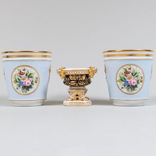 Pair of Portuguese Porcelain Cache Pots and a Royal Crown Derby Porcelain Potpourri Vase