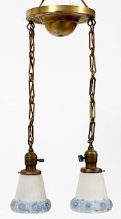PRESSED GLASS AND BRASS TWO-LIGHT CHANDELIER