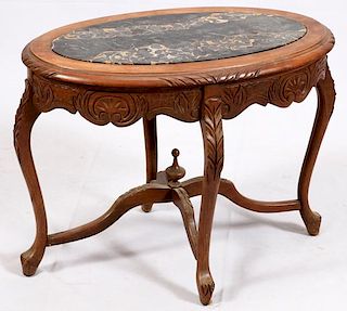 CARVED OAK AND MARBLE TOP SIDE TABLE
