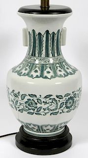 FREDERIN GREEN AND WHITE PORCELAIN LAMP