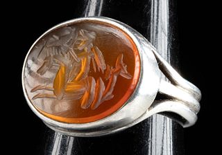 Silver Ring w/ Roman Carnelian Intaglio of Hippocamp