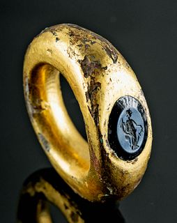 Roman 22K+ Gold, Bronze, & Onyx Intaglio Ring, Fortuna