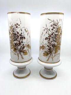 Pair of White opaline glass vases hand painted with gold flowers