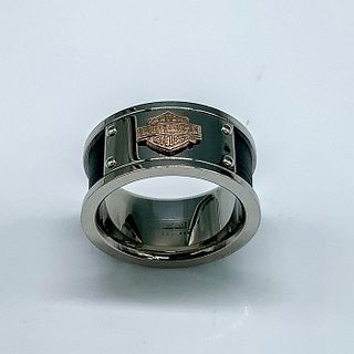 Harley Davidson Steel and Sterling Silver Black Band Ring