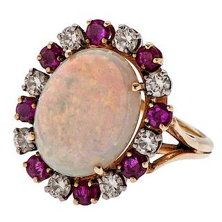 Opal and Diamond and Ruby Ring in 14 Karat 