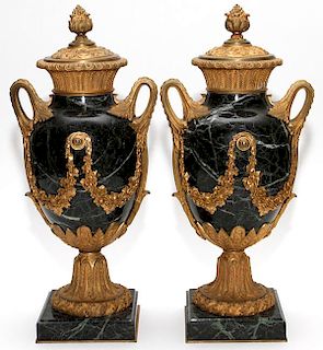 D'ORE BRONZE AND GREEN MARBLE URNS PAIR
