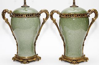 CHINESE GLAZED CELADON URNS MOUNTED AS LAMPS